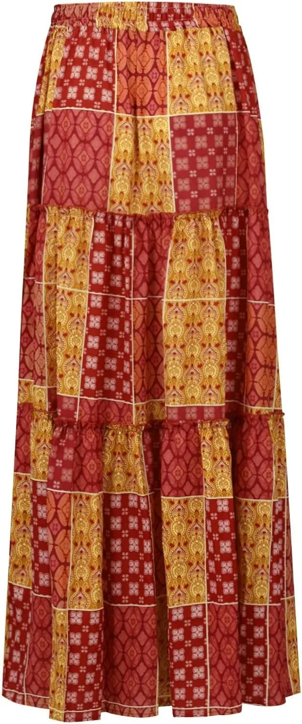Tiered Pleated Skirts for Women Boho Floral Beach A Line Maxi Skirt Summer Casual High Waist Long Skirts with Pockets