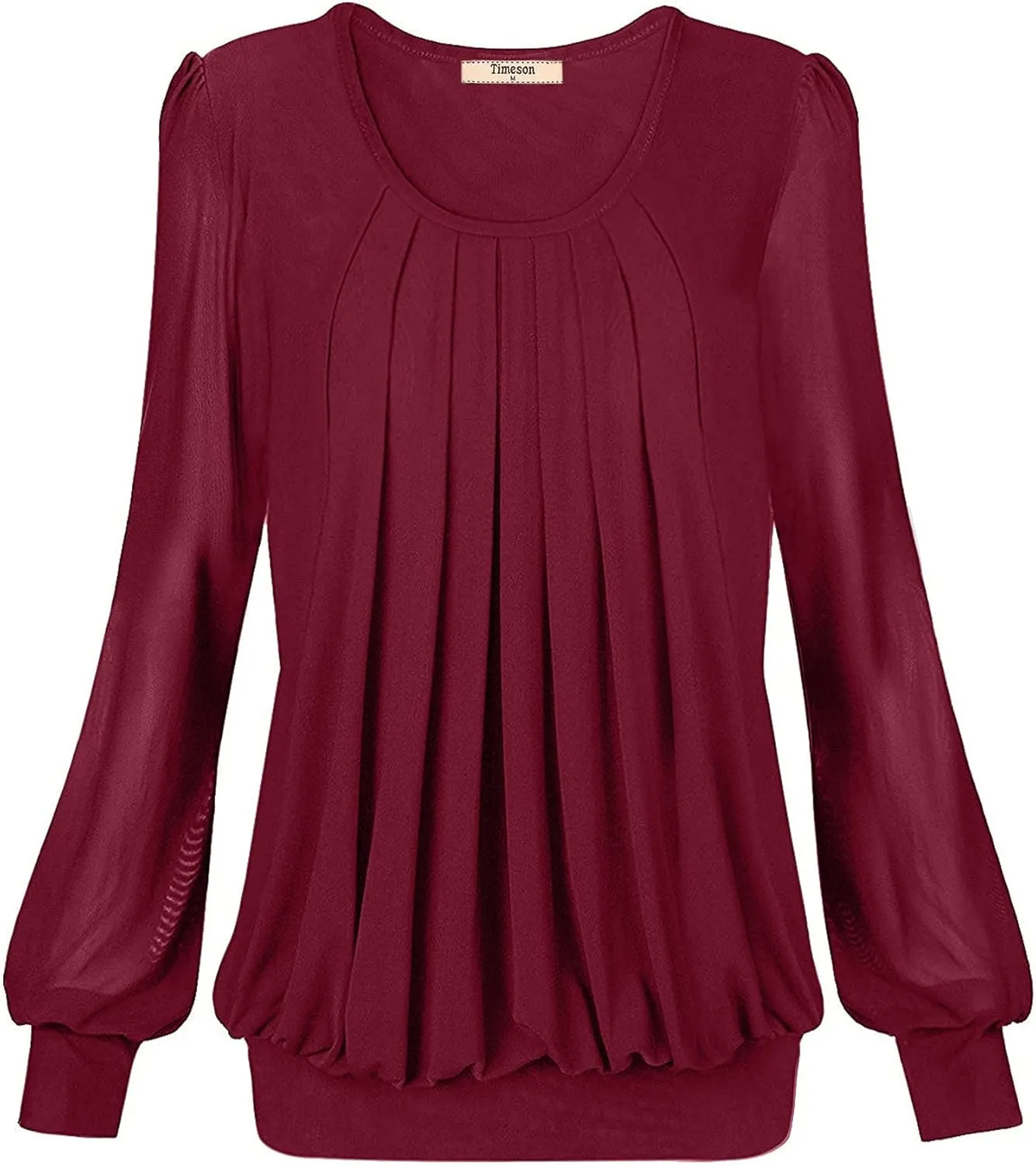Timeson Women's Long Sleeve Scoop Neck Pleated Front Fitted Blouse Tops