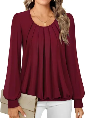 Timeson Women's Long Sleeve Scoop Neck Pleated Front Fitted Blouse Tops