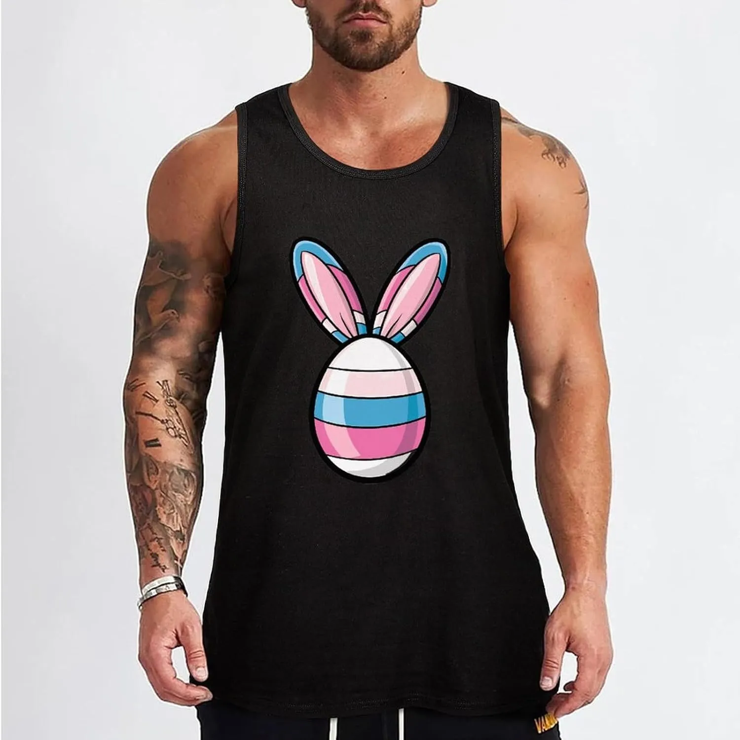 Transgender Flag Egg Bunny Ears Mens Tank Top Cotton Undershirt Crewneck Sleeveless Shirt for Summer