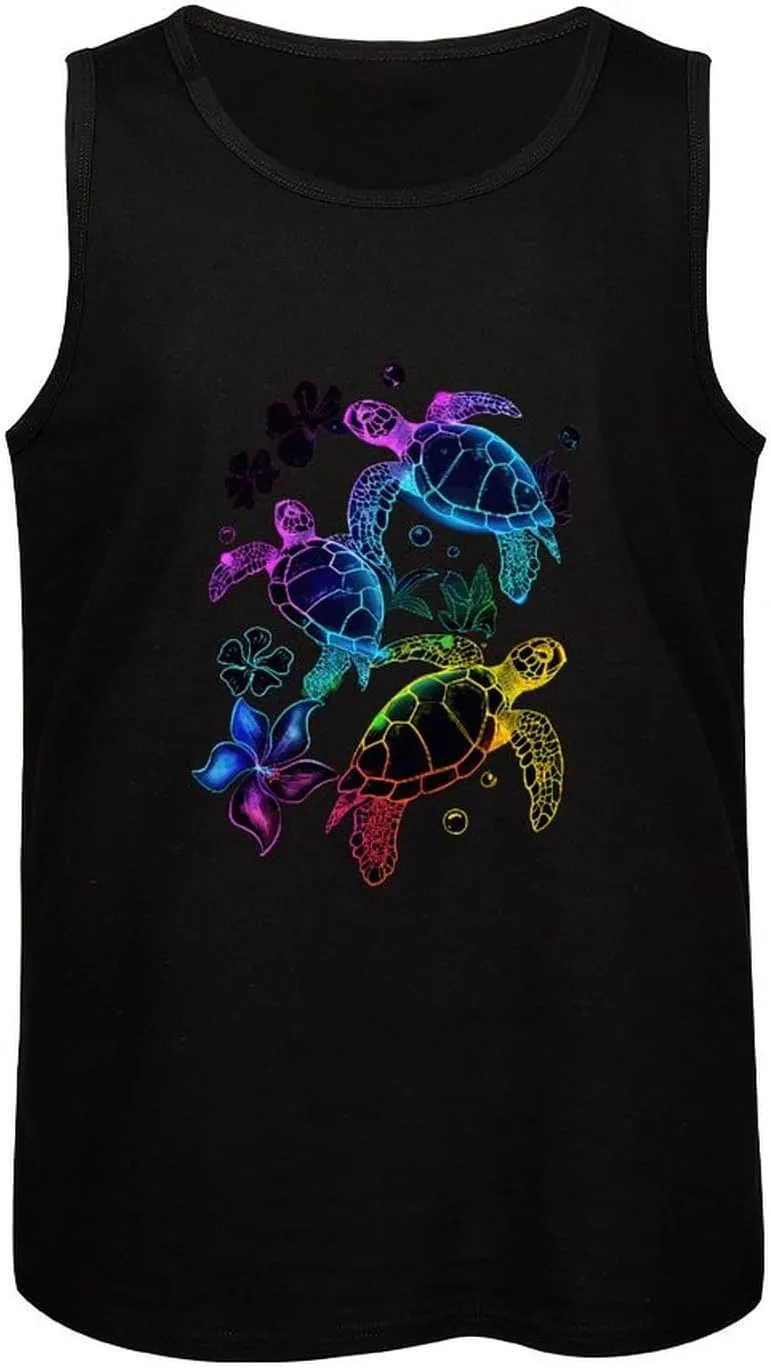 Tropical Colors Hawaiian Sea Turtles Mens Tank Top Cotton Undershirt Crewneck Sleeveless Shirt for Summer