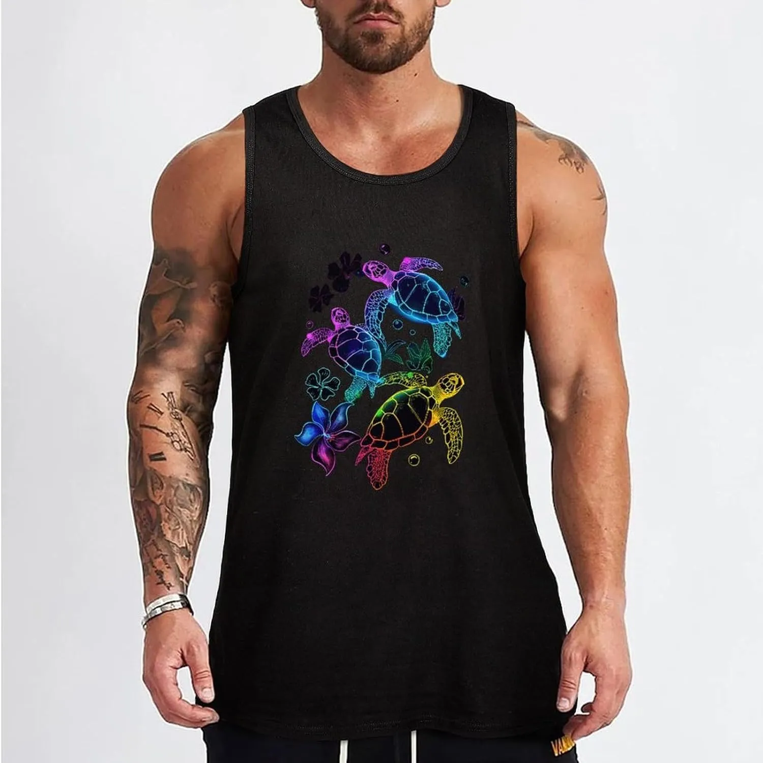 Tropical Colors Hawaiian Sea Turtles Mens Tank Top Cotton Undershirt Crewneck Sleeveless Shirt for Summer