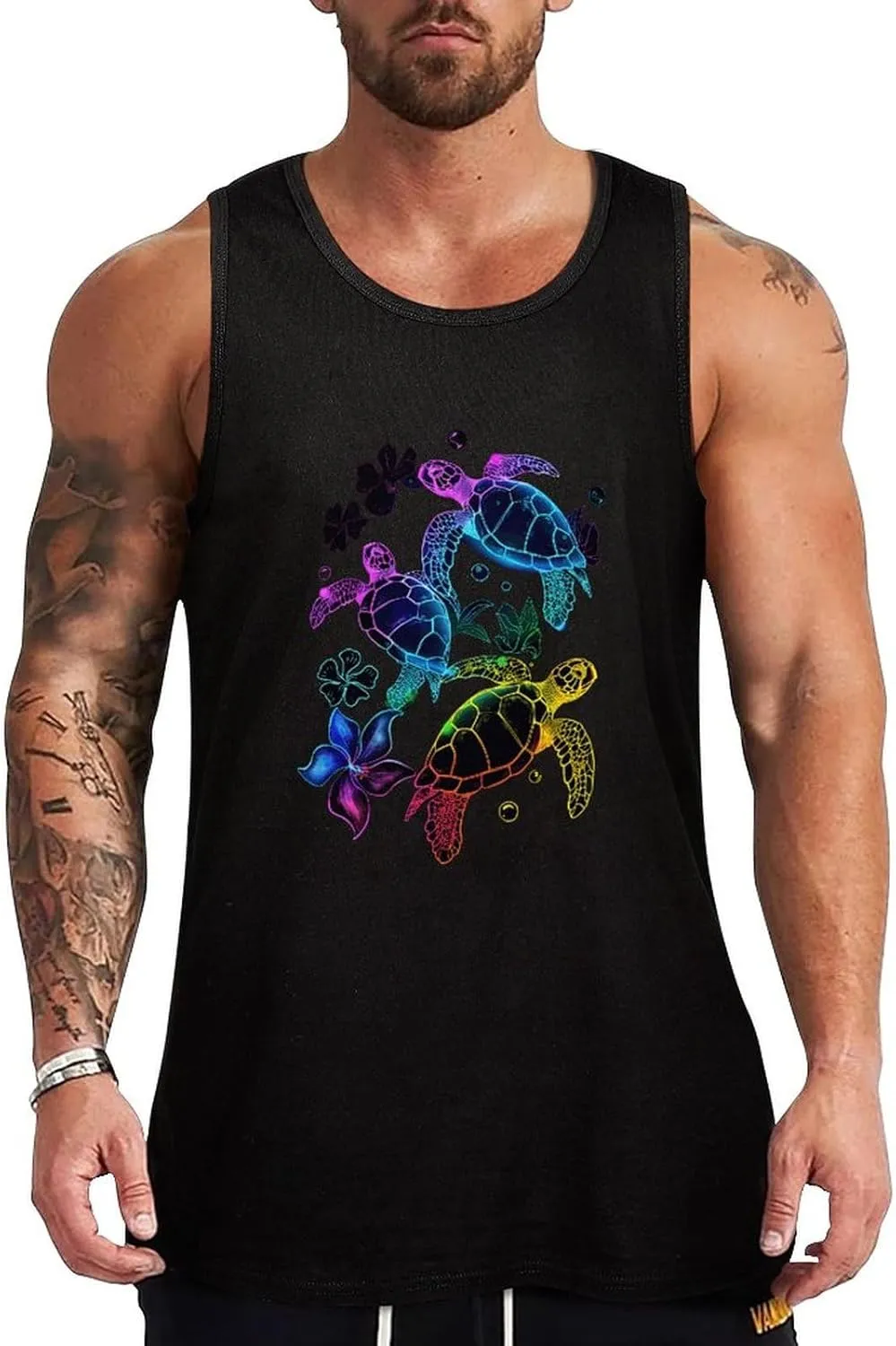 Tropical Colors Hawaiian Sea Turtles Mens Tank Top Cotton Undershirt Crewneck Sleeveless Shirt for Summer