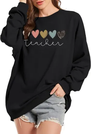 Tuislay Teacher Sweatshirts for Women Cute Heart Graphic Oversized Preppy Hoodie Casual Baggy Inspirational Pullovers Tops