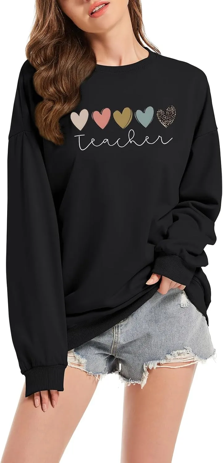 Tuislay Teacher Sweatshirts for Women Cute Heart Graphic Oversized Preppy Hoodie Casual Baggy Inspirational Pullovers Tops