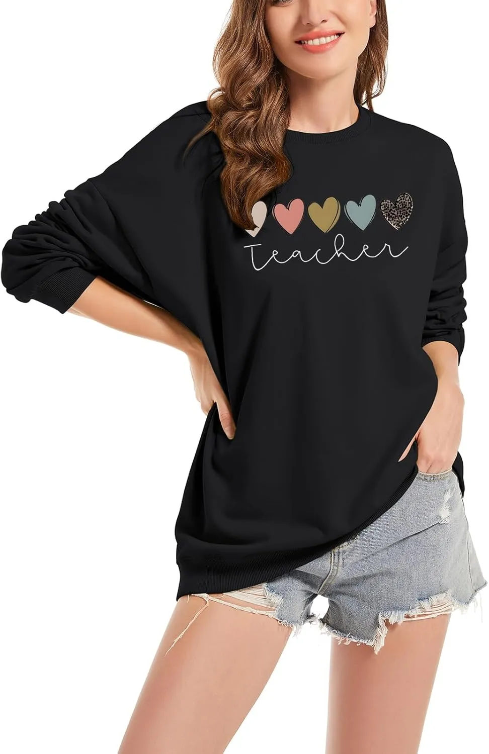 Tuislay Teacher Sweatshirts for Women Cute Heart Graphic Oversized Preppy Hoodie Casual Baggy Inspirational Pullovers Tops