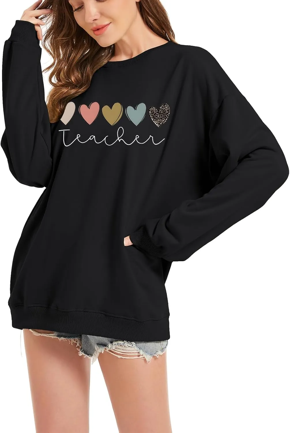 Tuislay Teacher Sweatshirts for Women Cute Heart Graphic Oversized Preppy Hoodie Casual Baggy Inspirational Pullovers Tops