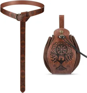 Tvoip 2Pcs Medieval Viking Belt Knight Leather Belt Bag Renaissance Pirate Accessories Medieval Costume Men Women Belt Pouch