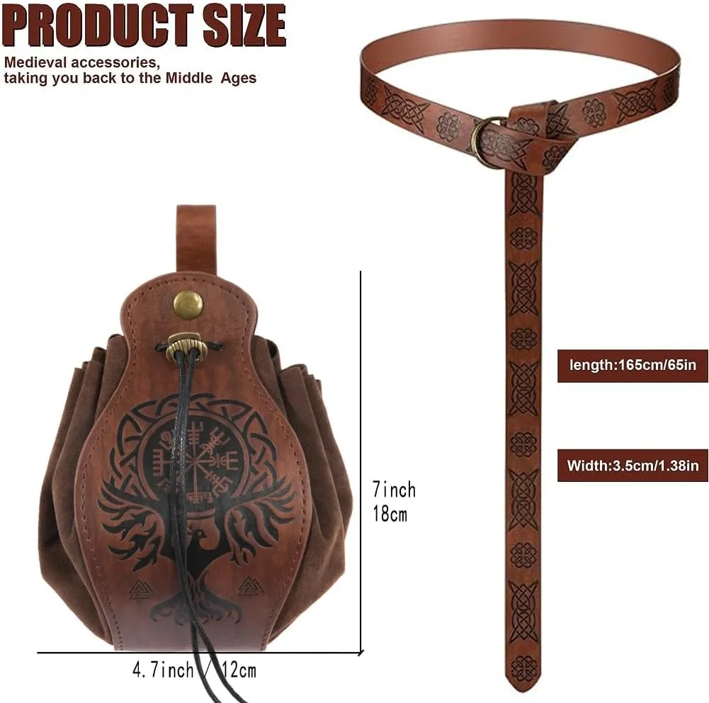 Tvoip 2Pcs Medieval Viking Belt Knight Leather Belt Bag Renaissance Pirate Accessories Medieval Costume Men Women Belt Pouch