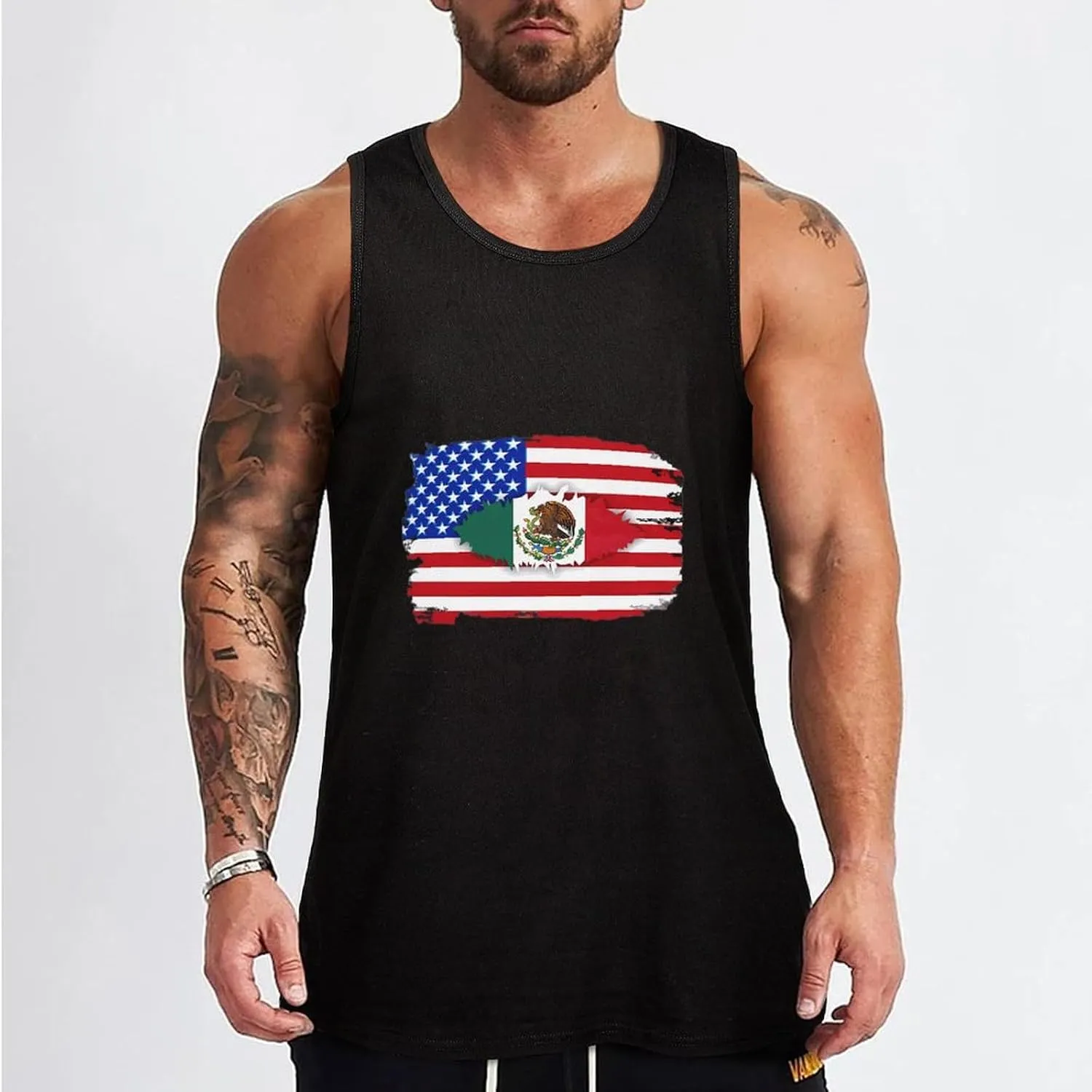 U.S. and Mexico Friendship Flags Mens Tank Top Cotton Undershirt Crewneck Sleeveless Shirt for Summer
