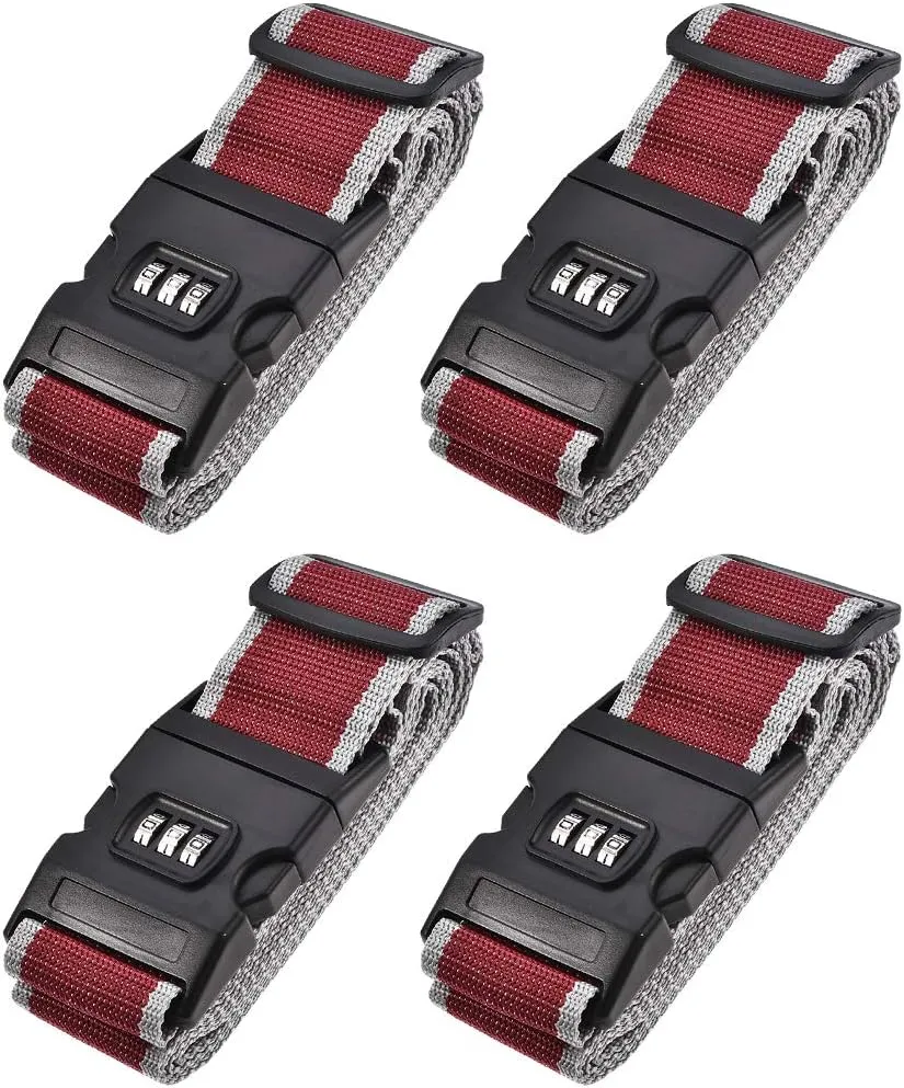 uxcell Luggage Straps Suitcase Belts with Buckle, Combination Lock, 2Mx5cm Adjustable PP Travel Packing Accessories, Red Gray 4Pcs