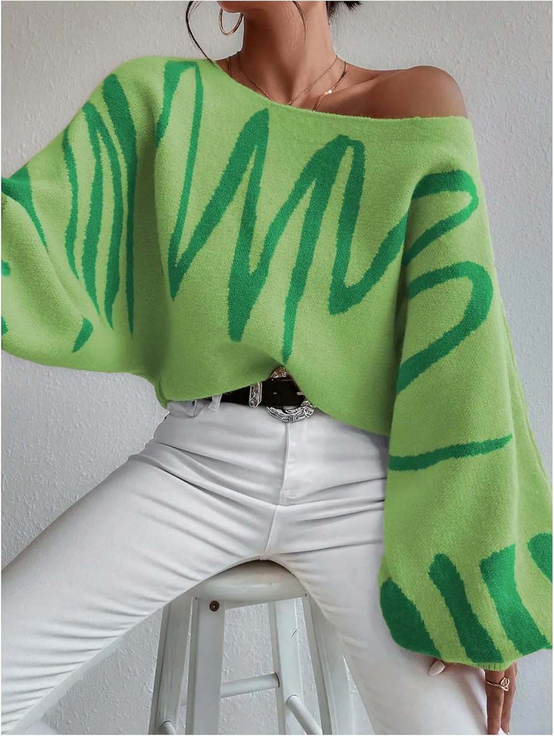 Verdusa Women's Off The Shoulder Sweater Oversized Long Lantern Sleeve Pullovers Trendy Knit Tops