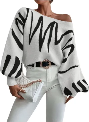 Verdusa Women's Off The Shoulder Sweater Oversized Long Lantern Sleeve Pullovers Trendy Knit Tops