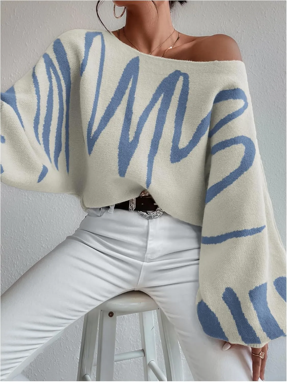 Verdusa Women's Off The Shoulder Sweater Oversized Long Lantern Sleeve Pullovers Trendy Knit Tops