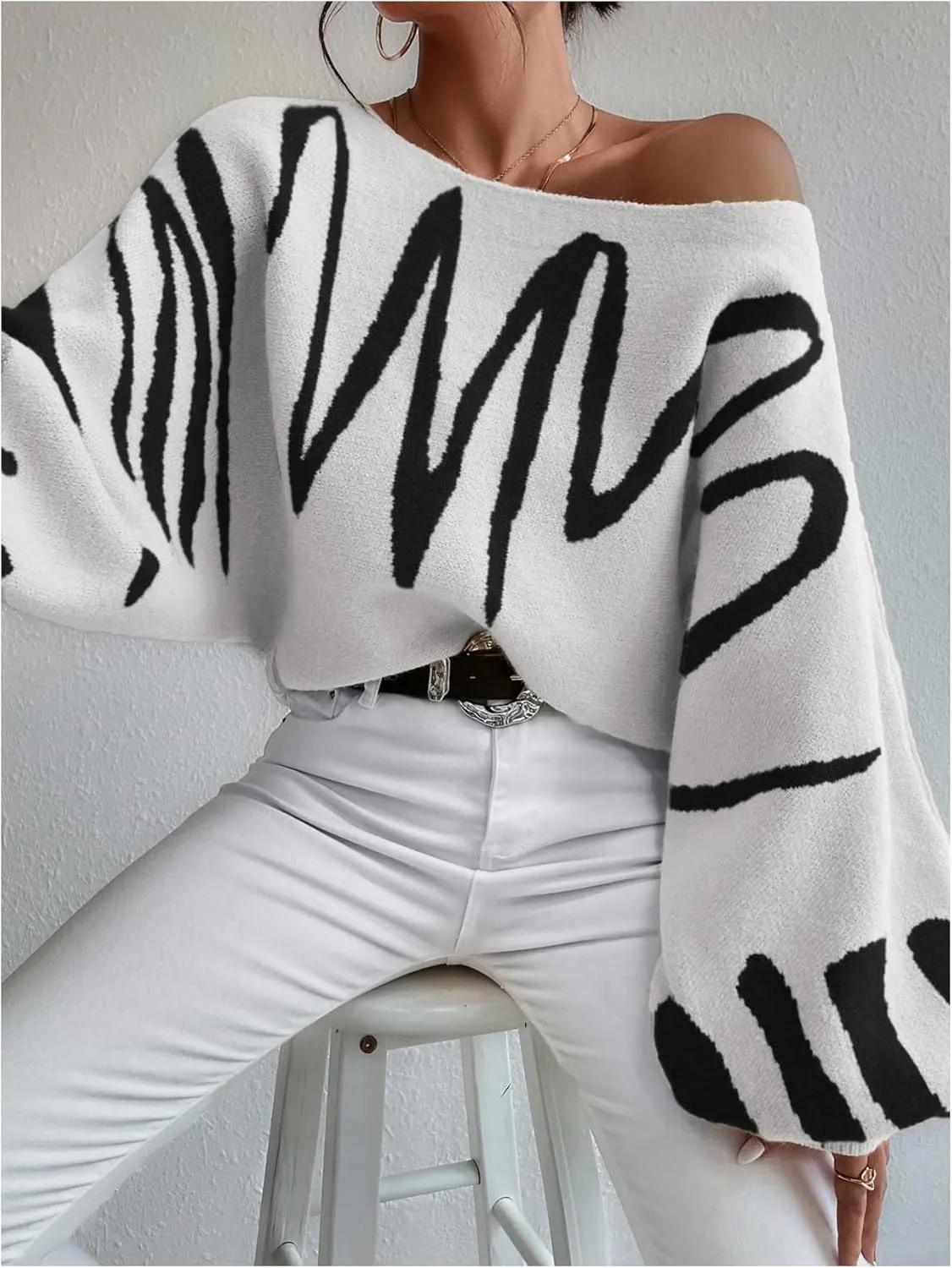 Verdusa Women's Off The Shoulder Sweater Oversized Long Lantern Sleeve Pullovers Trendy Knit Tops