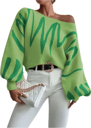 Verdusa Women's Off The Shoulder Sweater Oversized Long Lantern Sleeve Pullovers Trendy Knit Tops