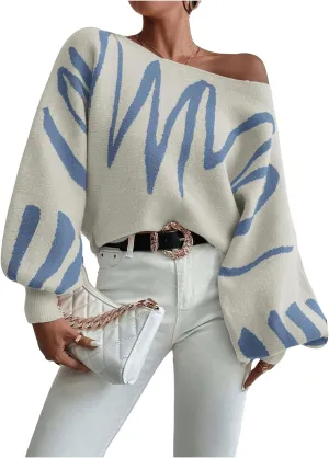 Verdusa Women's Off The Shoulder Sweater Oversized Long Lantern Sleeve Pullovers Trendy Knit Tops