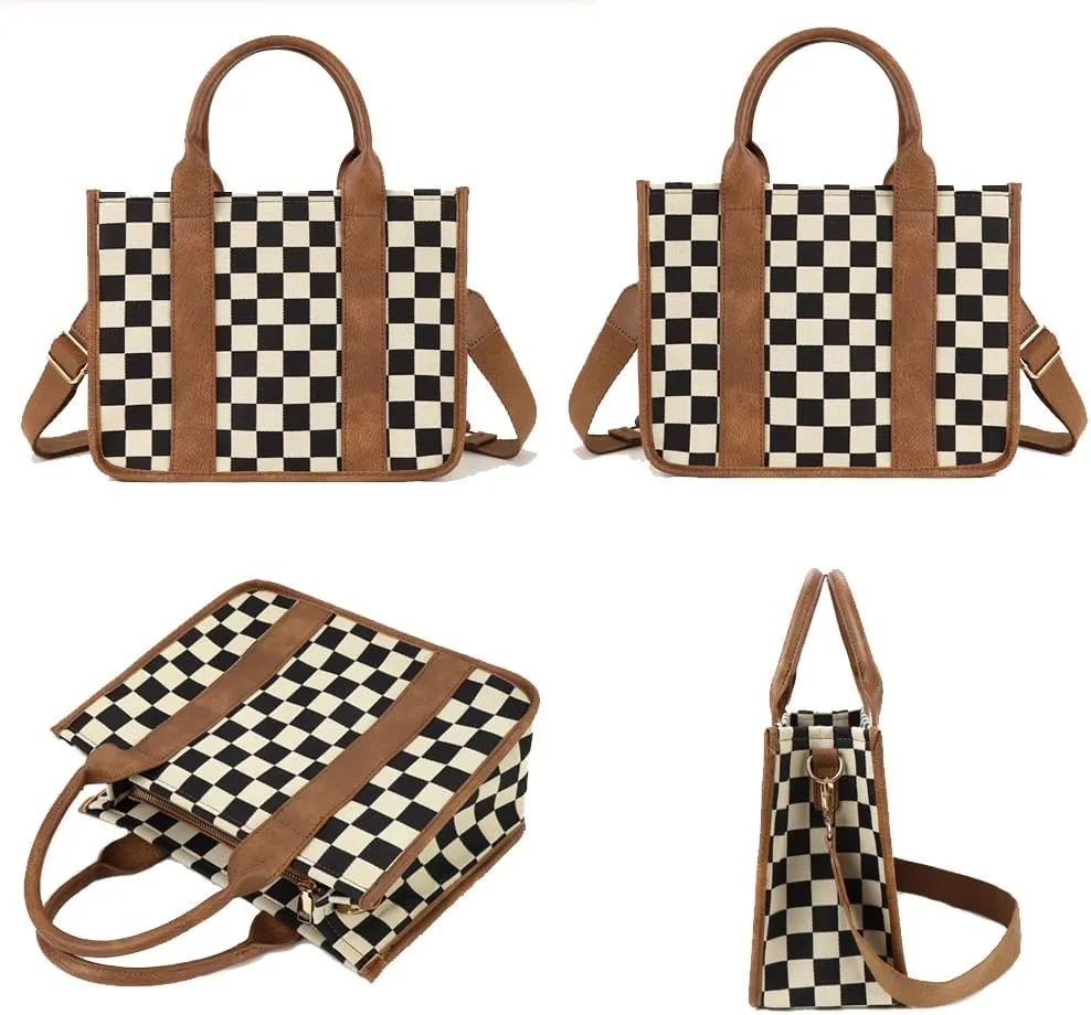 Vintage Women Leather Plaid Pattern Handbags Shoulder Satchel Tote Bags Casual Travel Work Bag Top Handle Crossbody Bags