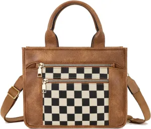 Vintage Women Leather Plaid Pattern Handbags Shoulder Satchel Tote Bags Casual Travel Work Bag Top Handle Crossbody Bags