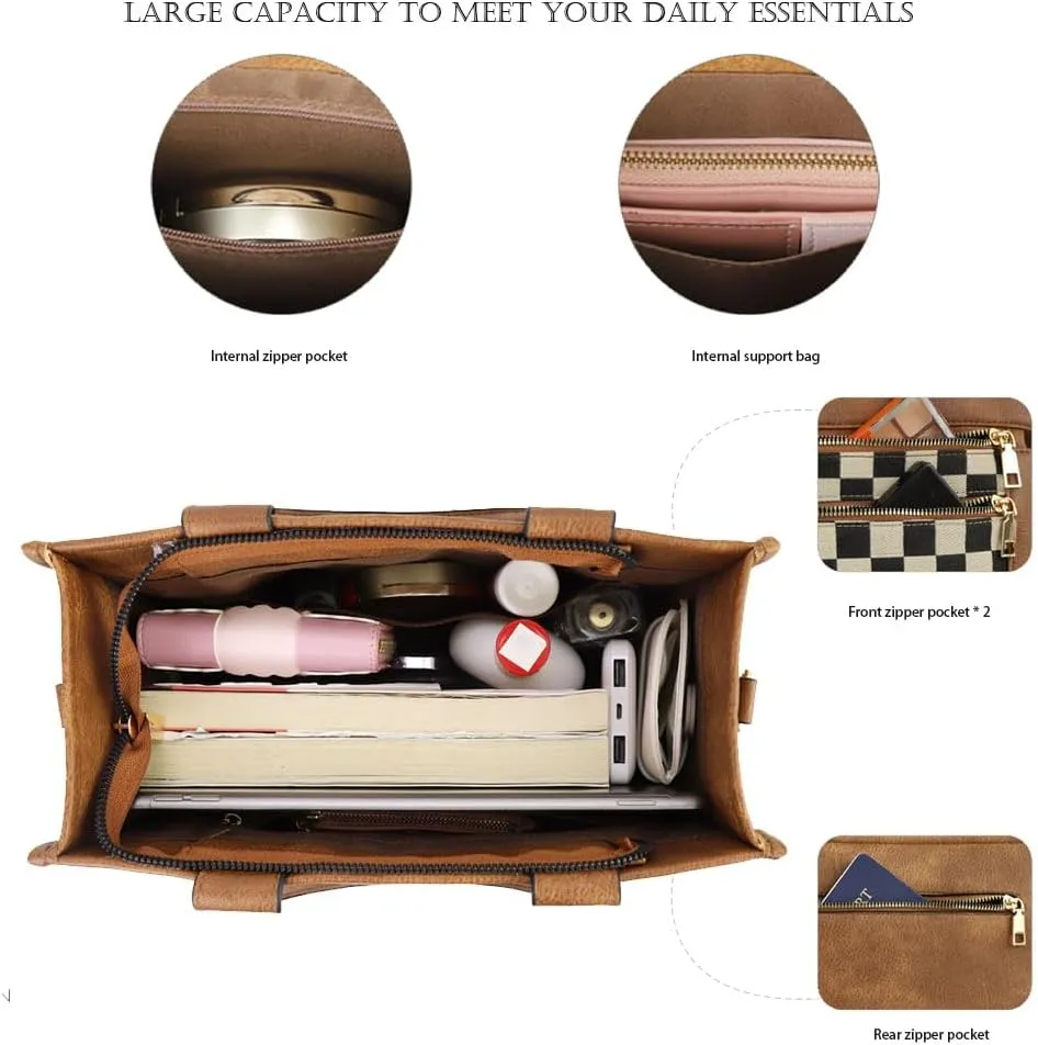 Vintage Women Leather Plaid Pattern Handbags Shoulder Satchel Tote Bags Casual Travel Work Bag Top Handle Crossbody Bags