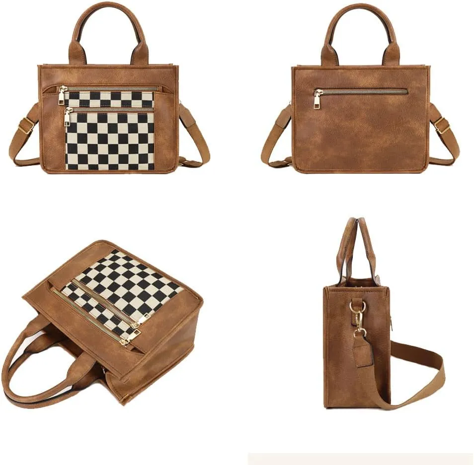 Vintage Women Leather Plaid Pattern Handbags Shoulder Satchel Tote Bags Casual Travel Work Bag Top Handle Crossbody Bags