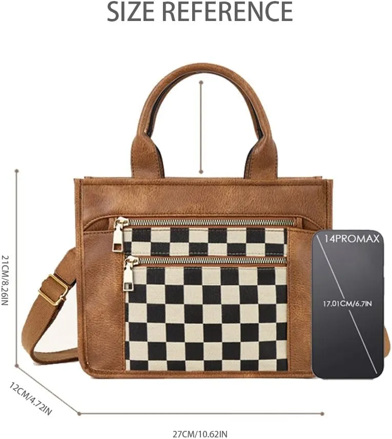 Vintage Women Leather Plaid Pattern Handbags Shoulder Satchel Tote Bags Casual Travel Work Bag Top Handle Crossbody Bags