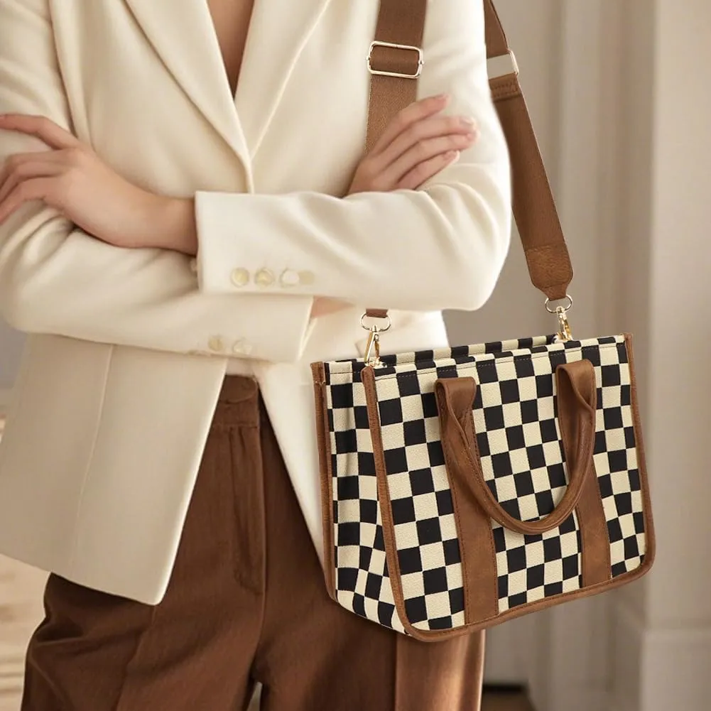 Vintage Women Leather Plaid Pattern Handbags Shoulder Satchel Tote Bags Casual Travel Work Bag Top Handle Crossbody Bags