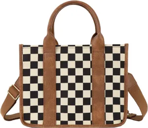Vintage Women Leather Plaid Pattern Handbags Shoulder Satchel Tote Bags Casual Travel Work Bag Top Handle Crossbody Bags