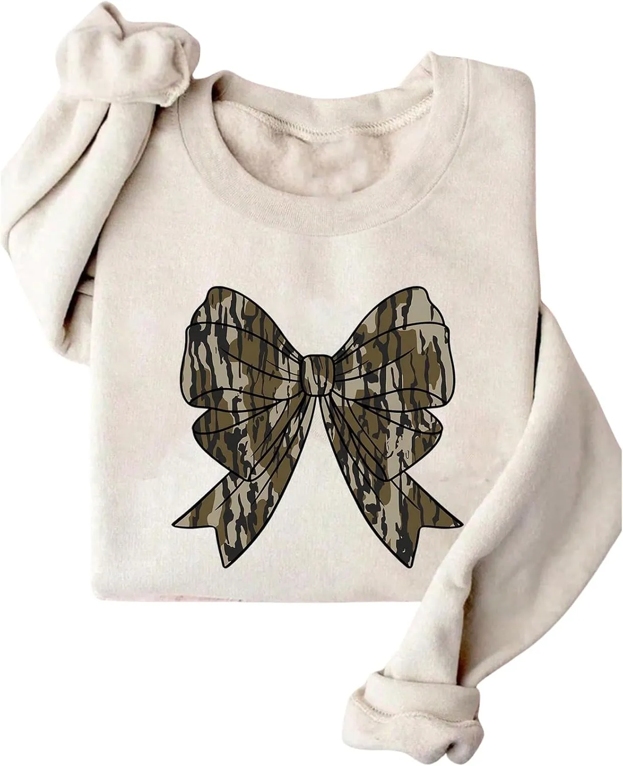 WDIRARA Women's Camo Bow Sweatshirt Crewneck Long Sleeve Graphic Pullovers Oversized Top