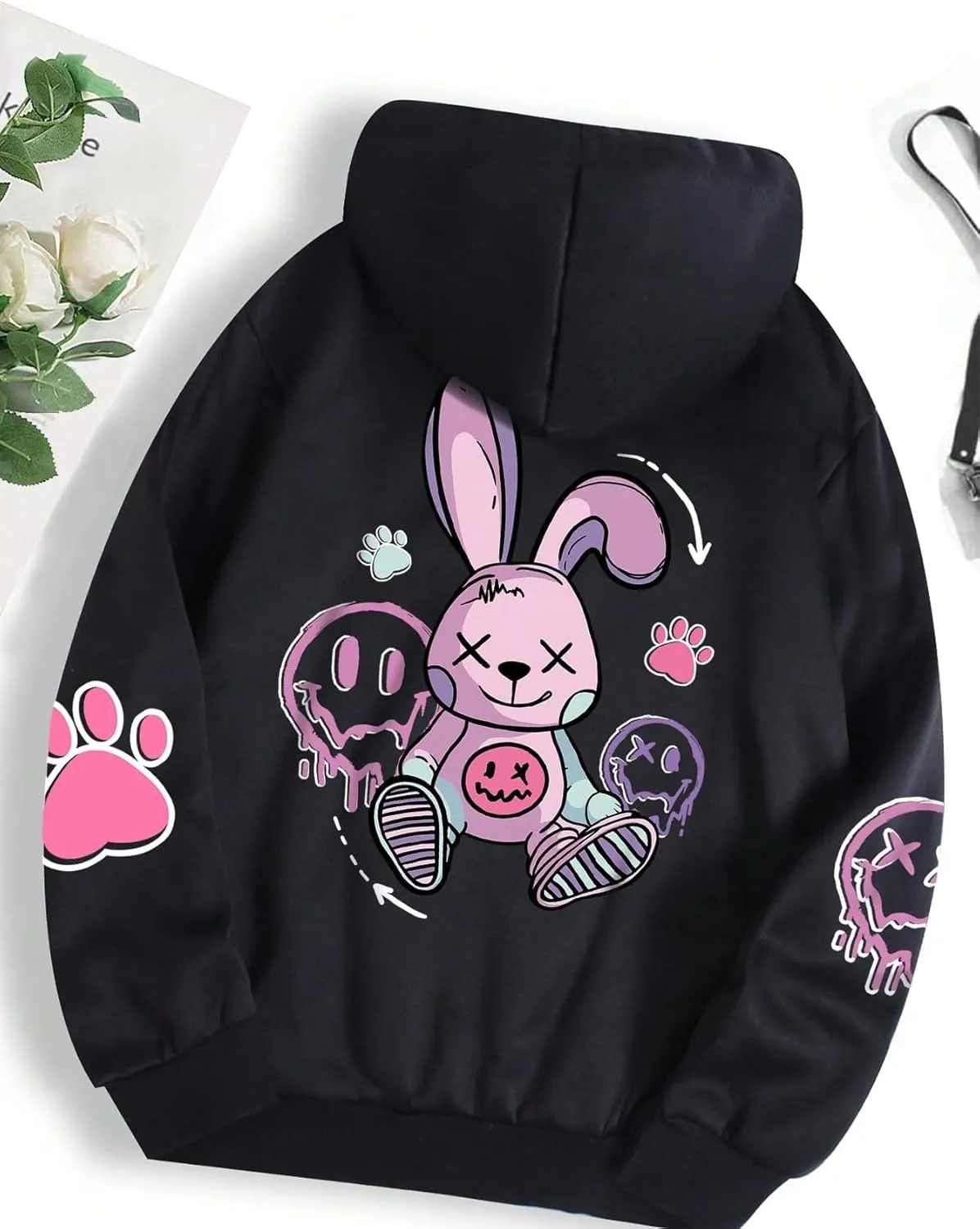 WDIRARA Women's Cute Cartoon Graphic Print Drawstring Hoodie Long Sleeve Kangaroo Pocket Pullovers
