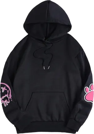 WDIRARA Women's Cute Cartoon Graphic Print Drawstring Hoodie Long Sleeve Kangaroo Pocket Pullovers