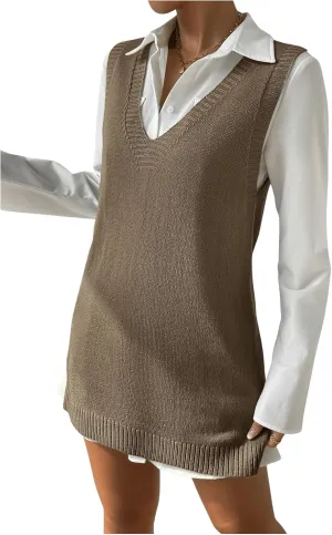 WDIRARA Women's Plus Size Sleeveless V Neck Sweater Vest Loose Fit Long Pullovers Knit Top