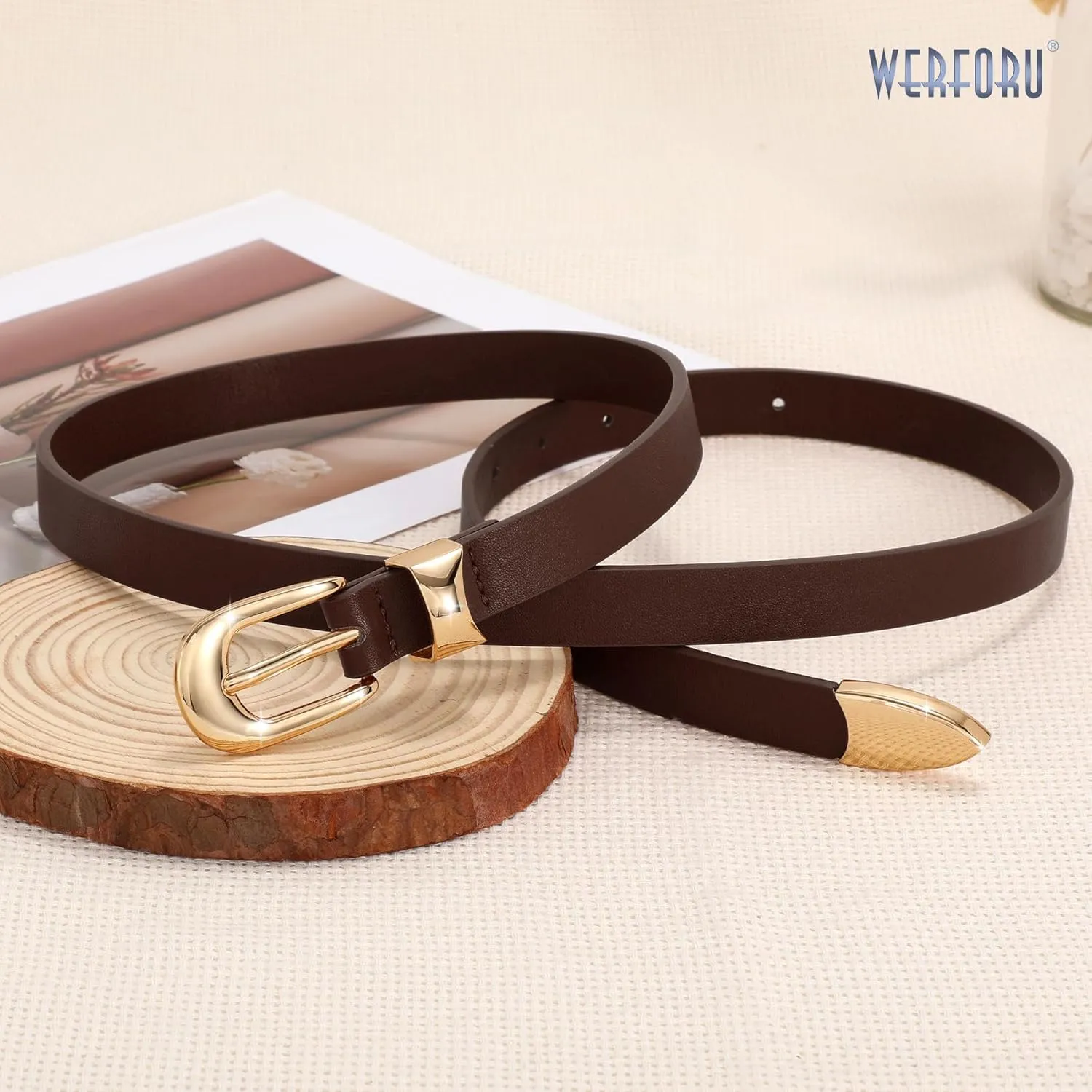 WERFORU Women Belt for Jeans Pants Thin Belts for Women Fashion Skinny Belt Black and Gold 0.71" Width