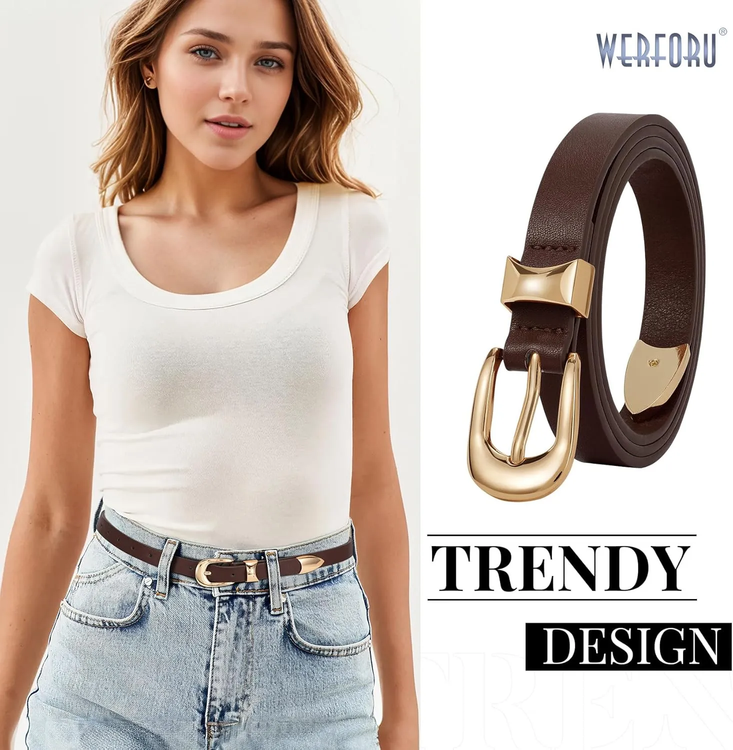 WERFORU Women Belt for Jeans Pants Thin Belts for Women Fashion Skinny Belt Black and Gold 0.71" Width
