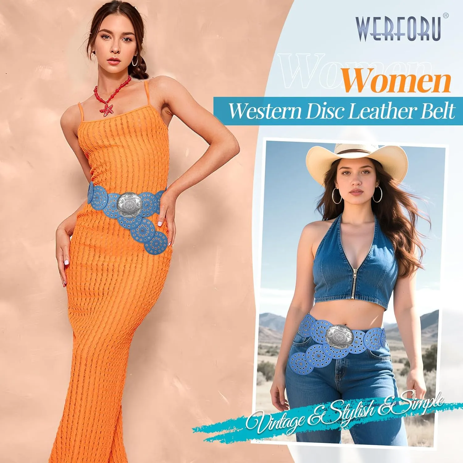 WERFORU Women Vintage Leather Belt Western Disc Waist Belts Ladies Western Belt Boho Belt for Dress Jean-