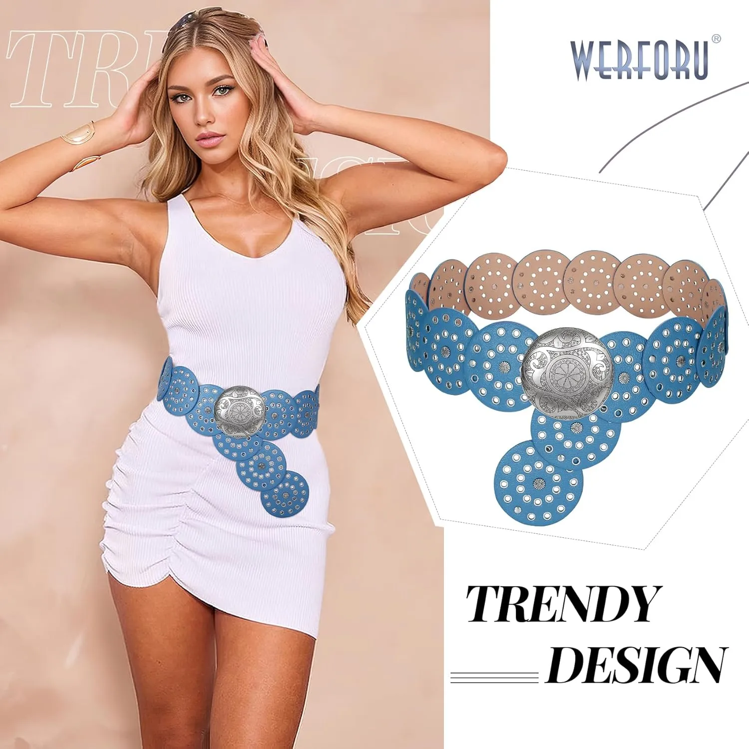 WERFORU Women Vintage Leather Belt Western Disc Waist Belts Ladies Western Belt Boho Belt for Dress Jean-
