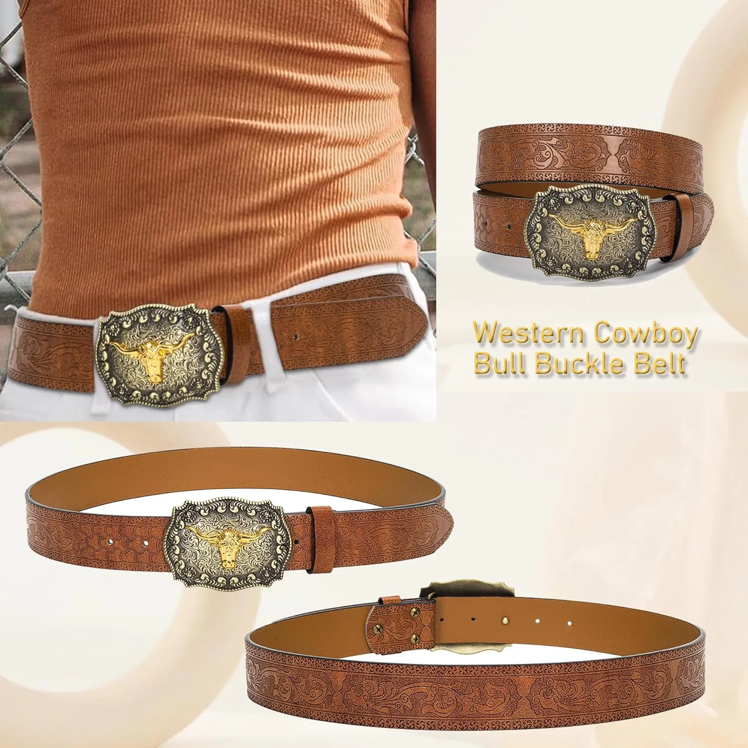 Western Cowboy-Belts for Women Big-Buckle Longhorn-Bull PU-Leather Rodeo Cowgirl-Belt Engraved Floral - Waist 25-38"