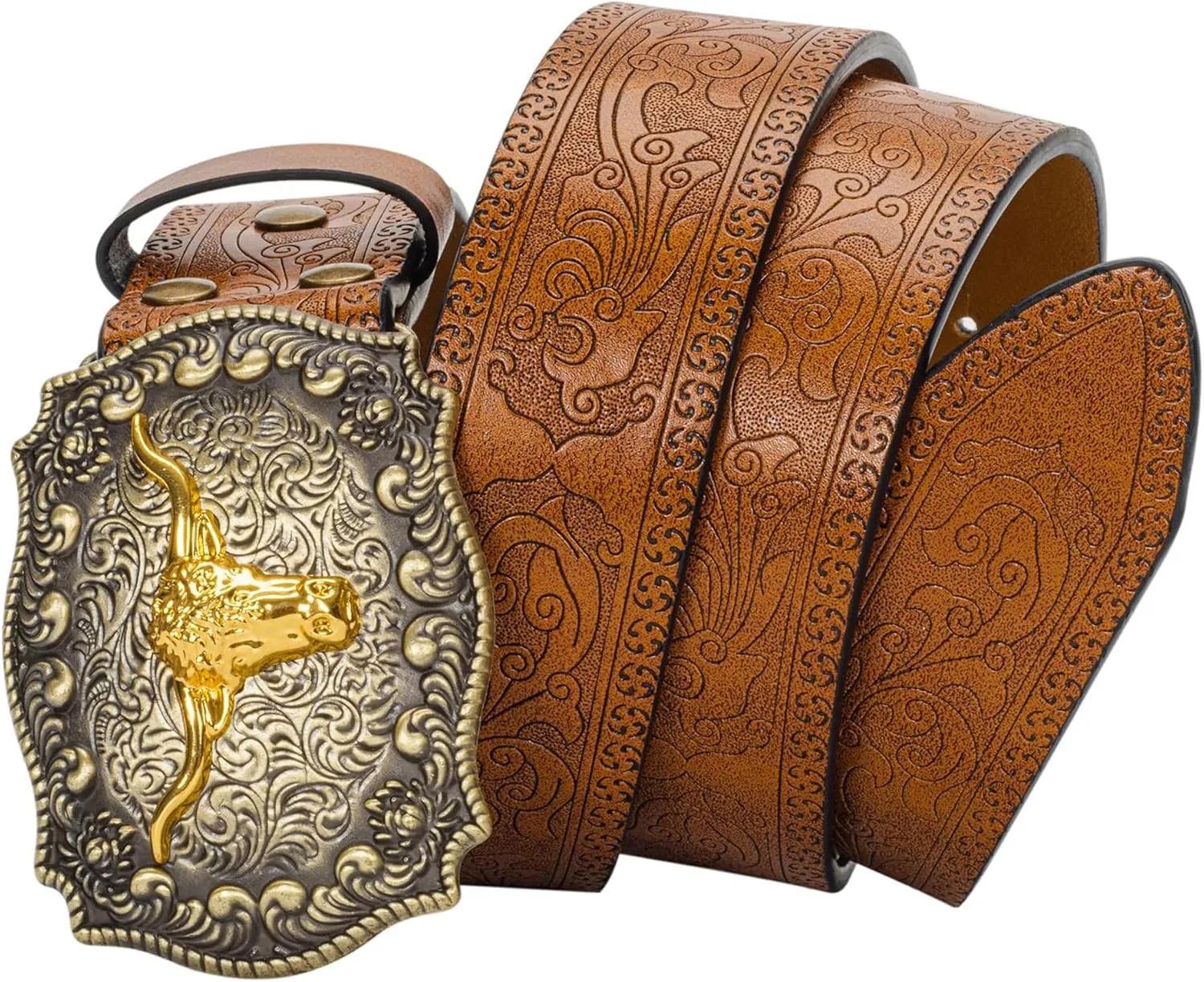 Western Cowboy-Belts for Women Big-Buckle Longhorn-Bull PU-Leather Rodeo Cowgirl-Belt Engraved Floral - Waist 25-38"