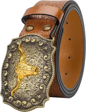 Western Cowboy-Belts for Women Big-Buckle Longhorn-Bull PU-Leather Rodeo Cowgirl-Belt Engraved Floral - Waist 25-38"