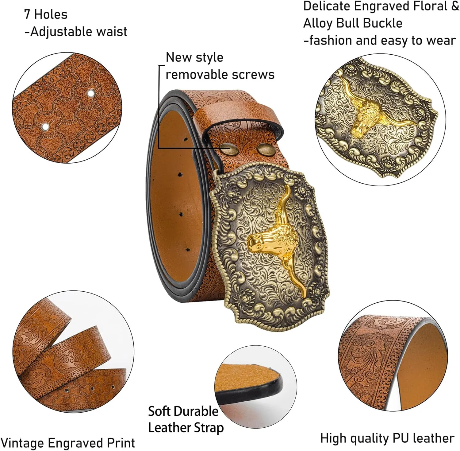 Western Cowboy-Belts for Women Big-Buckle Longhorn-Bull PU-Leather Rodeo Cowgirl-Belt Engraved Floral - Waist 25-38"