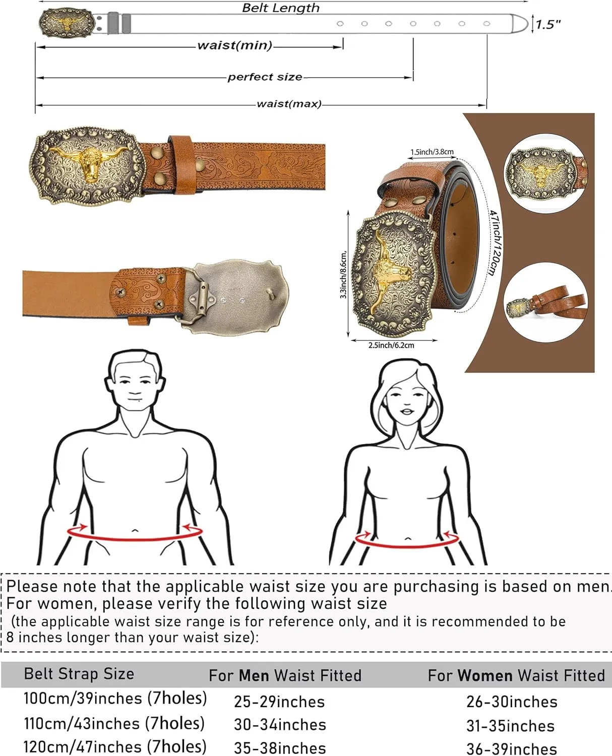 Western Cowboy-Belts for Women Big-Buckle Longhorn-Bull PU-Leather Rodeo Cowgirl-Belt Engraved Floral - Waist 25-38"
