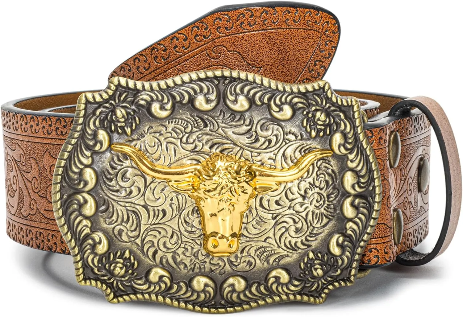 Western Cowboy-Belts for Women Big-Buckle Longhorn-Bull PU-Leather Rodeo Cowgirl-Belt Engraved Floral - Waist 25-38"