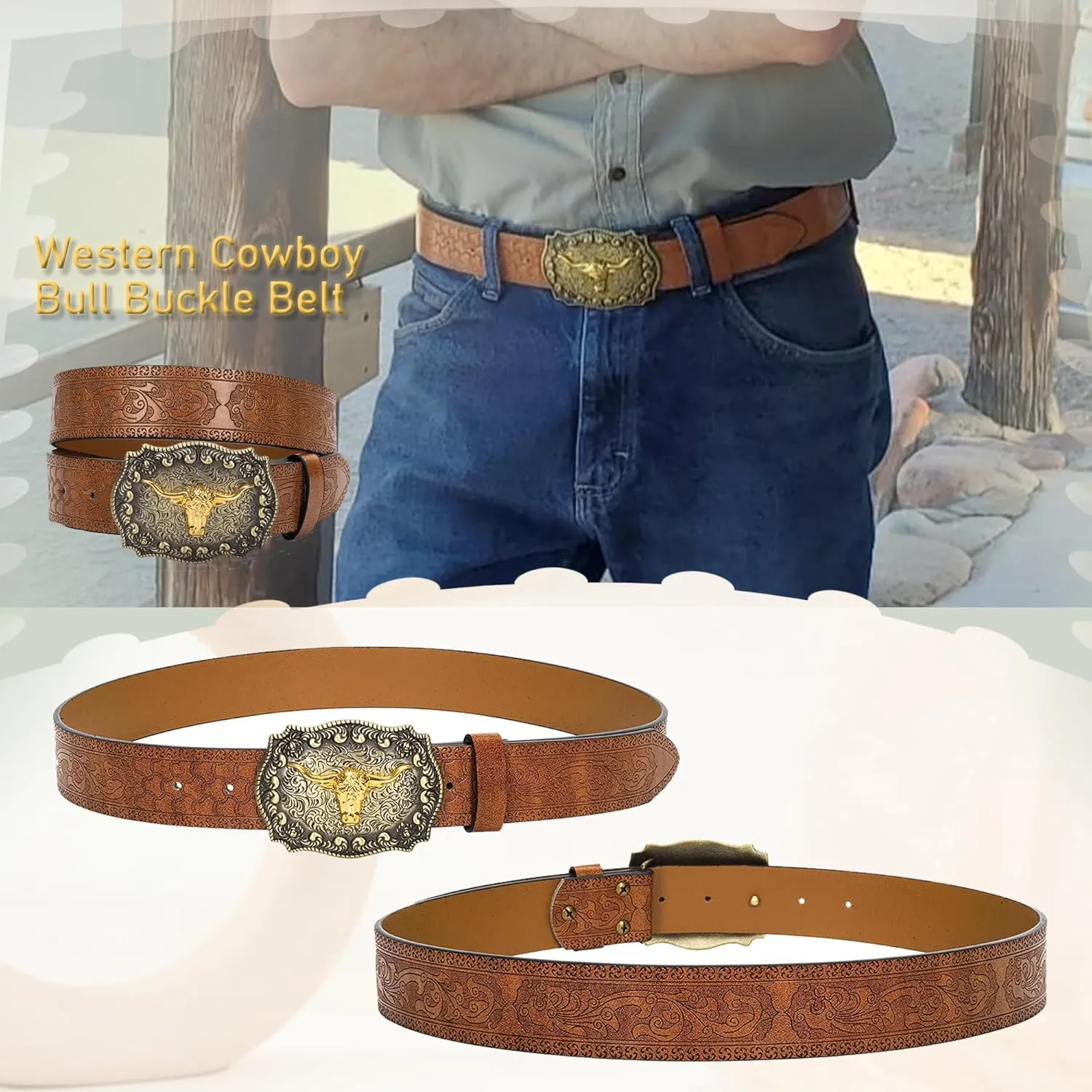 Western Cowboy-Belts for Women Big-Buckle Longhorn-Bull PU-Leather Rodeo Cowgirl-Belt Engraved Floral - Waist 25-38"
