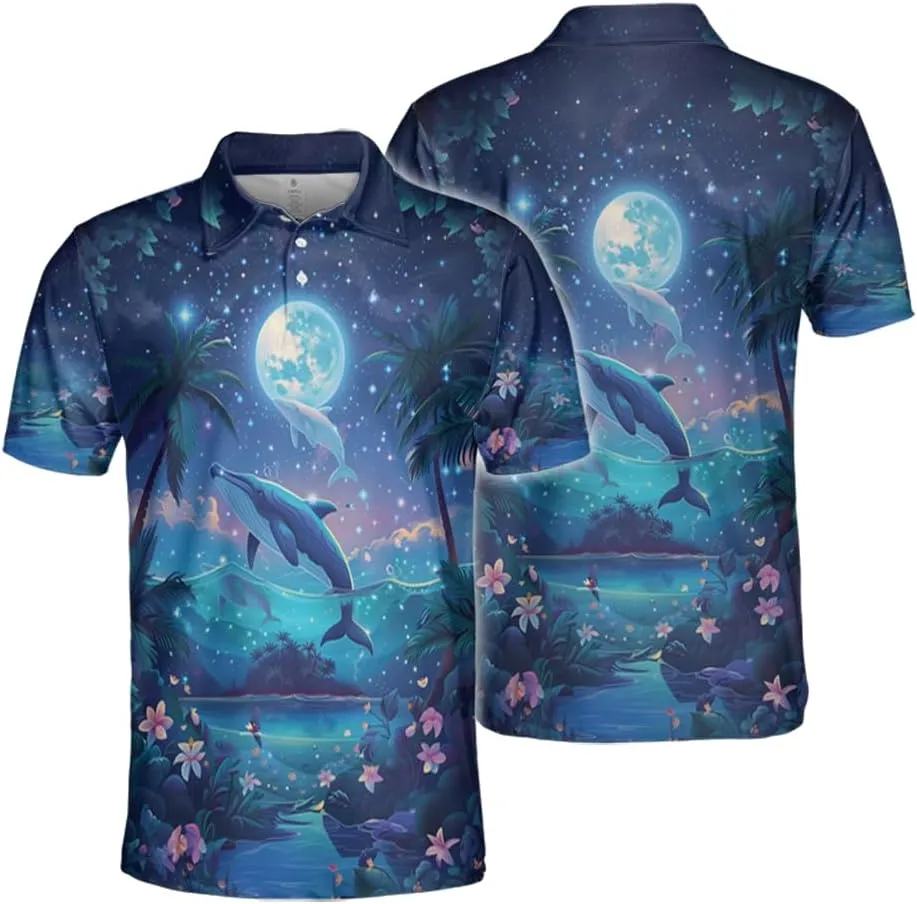 Whale Polo Shirts for Men - Marine Stylish Mens Goft Shirt Casual Short Sleeve Button Down Outfit Set 18