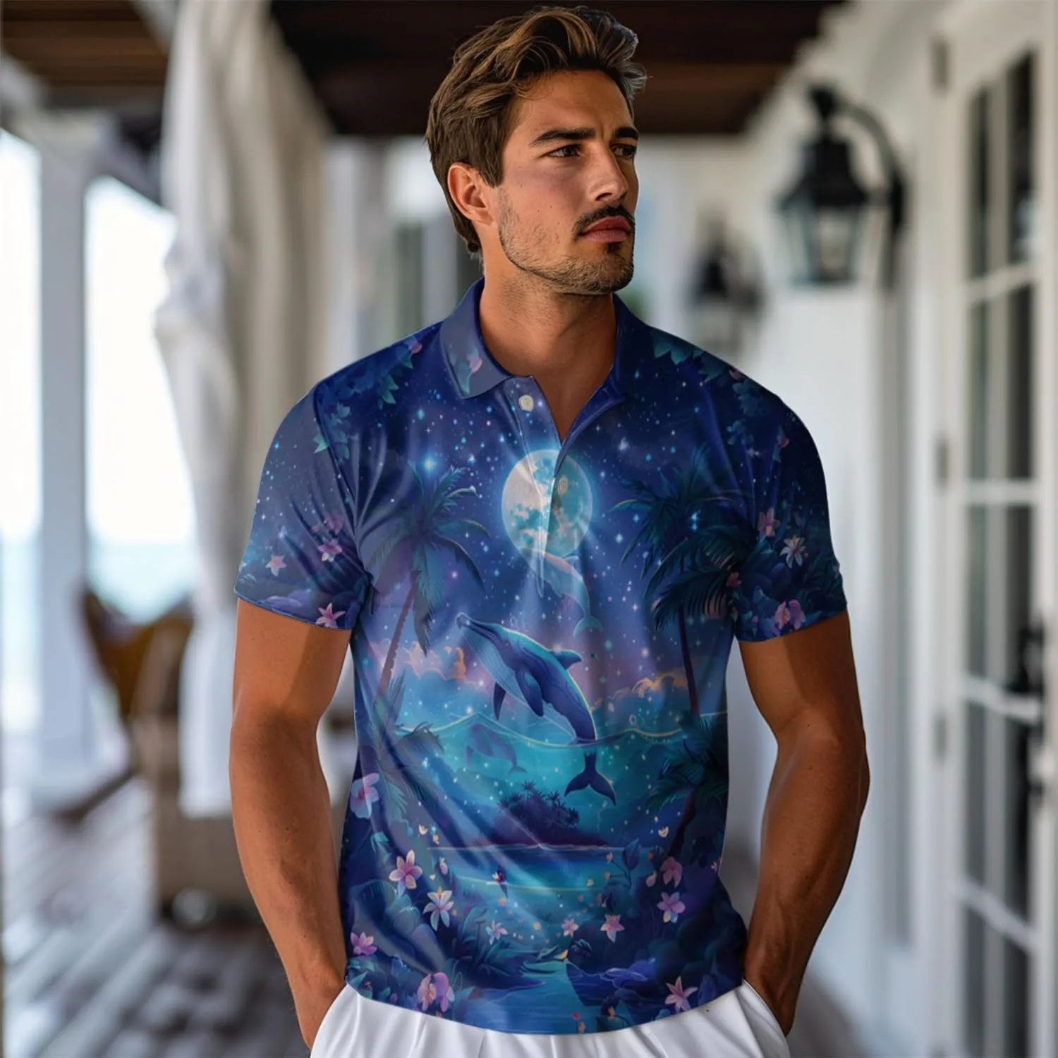 Whale Polo Shirts for Men - Marine Stylish Mens Goft Shirt Casual Short Sleeve Button Down Outfit Set 18