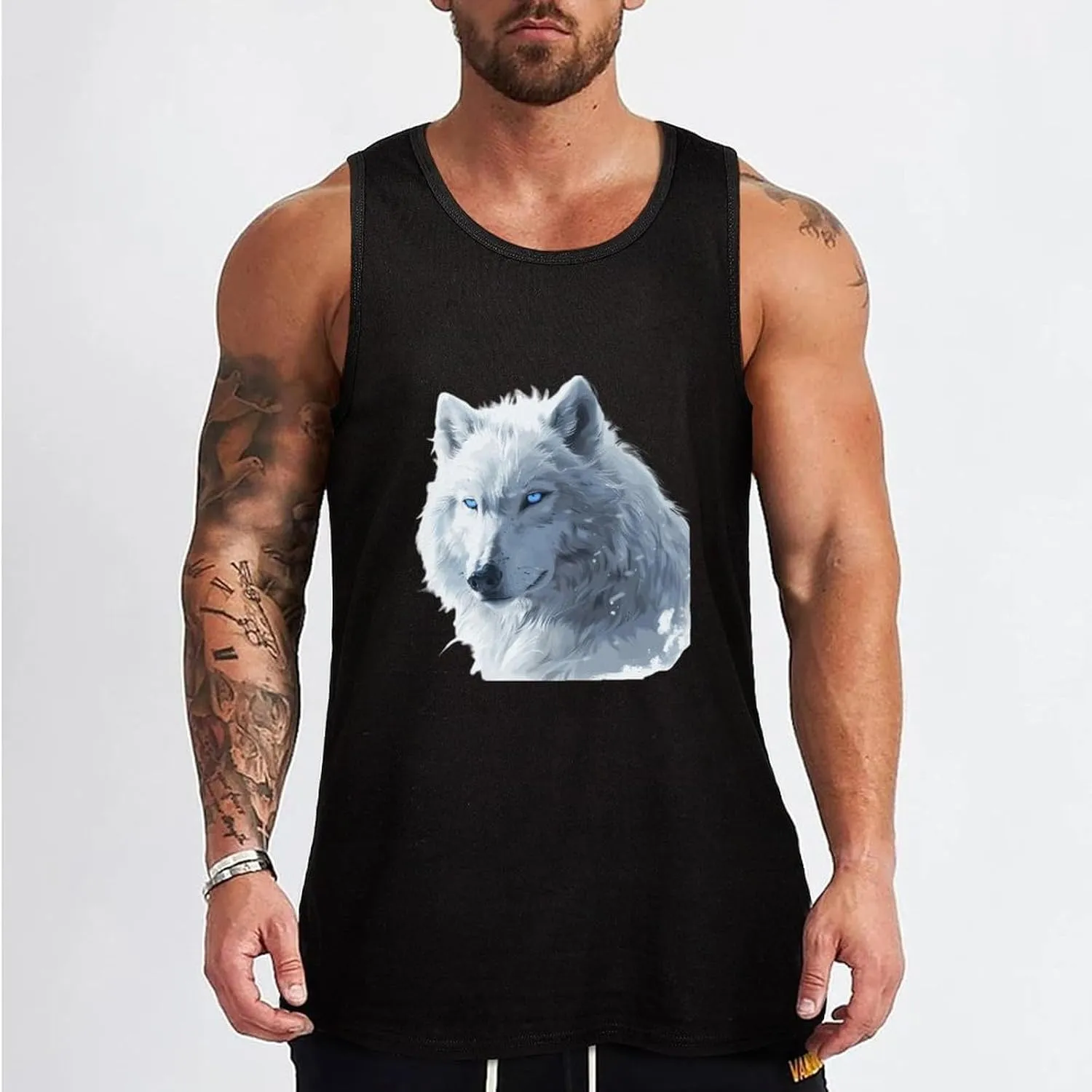 White Snows Wolf with Blue Eyes Mens Tank Top Cotton Undershirt Crewneck Sleeveless Shirt for Summer