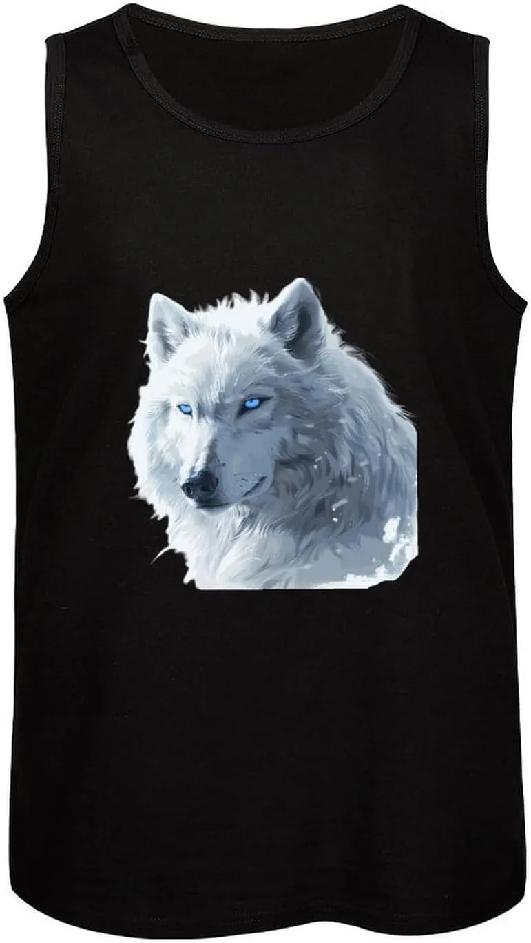 White Snows Wolf with Blue Eyes Mens Tank Top Cotton Undershirt Crewneck Sleeveless Shirt for Summer