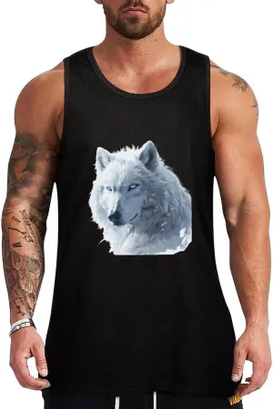 White Snows Wolf with Blue Eyes Mens Tank Top Cotton Undershirt Crewneck Sleeveless Shirt for Summer