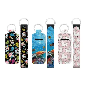 WIRESTER 3 Set Lipstick Wristlet Keychain Lanyard, Chapstick Holder Keychain, Neoprene Lip Balm Cover for Women - Colorful Sugar Skulls, Full Tropical Sea Coral, Fabullama Pattern
