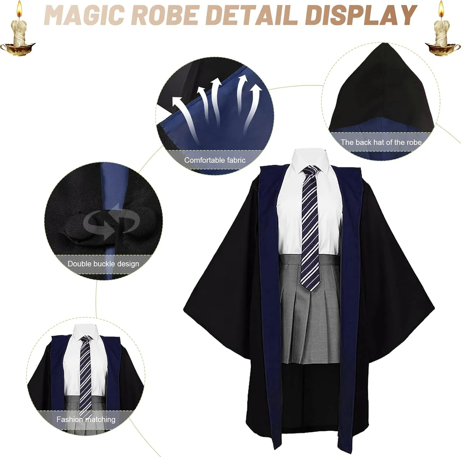 Wizard Costume Accessories Set, Fancy Dress Cosplay Outfit Set with Magic Cloak Robe for World Book Day Halloween